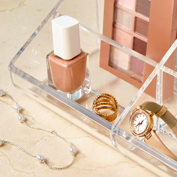 Stori Clear Plastic Vanity Makeup Organizer | 6-Compartment Holder for Brushes, Eyeshadow Palettes, & Beauty Supplies | Curved Front Design | Made