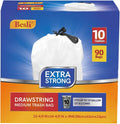 Besli 10 Gallon Drawstring Trash Bag Garbage Bag Trash Can Liner,0.9 Mil,90 Counts