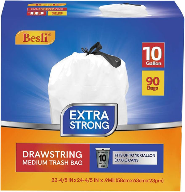 Besli 10 Gallon Drawstring Trash Bag Garbage Bag Trash Can Liner,0.9 Mil,90 Counts