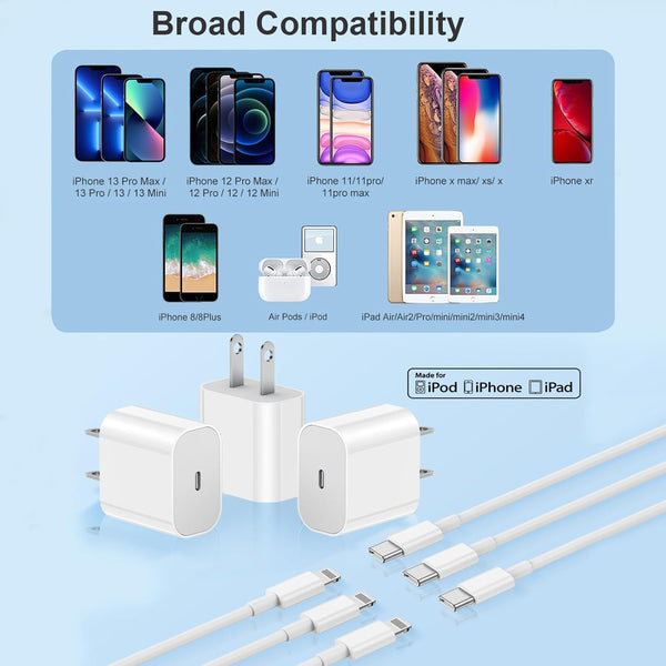 Iphone 14 13 12 Charger Fast Charging, 2 Pack 20W Fast PD USB C Wall Charger Adapter with 3Pack 6Ft USB C to Lightning Cable (Mfi Certified) for