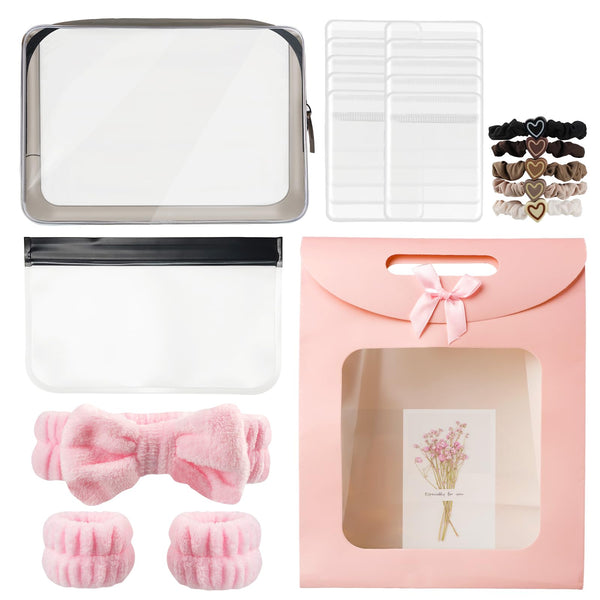 Clear Makeup Bag, Travel Essential Toiletry Bag with Jewelry & Brush Bags, Spa Kit Headband, Wristbands, Heart Hair Ties, Cosmetic Organizer Gift