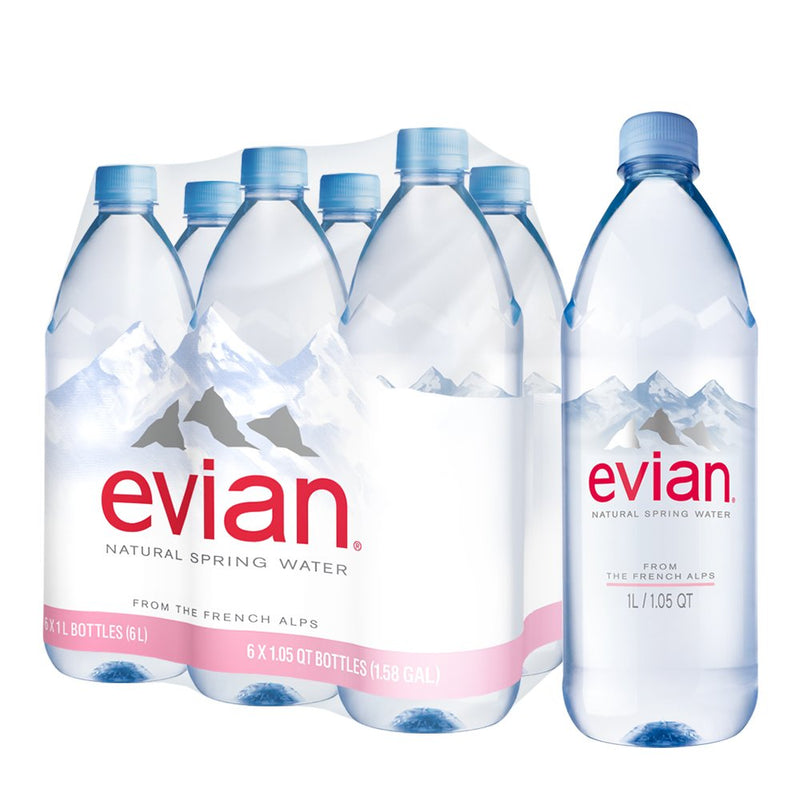 Evian Natural Spring Water , Naturally Filtered Spring Water in Large Bottles 33.81 Fl Oz (Pack of 6)
