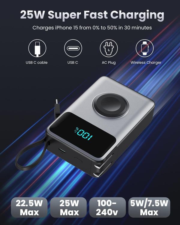 4-In-1 Portable Charger with Built-In Wall Plug&Usb-C Cables,10800Mah Power Bank with Iwatch Charger,Qc4.0+Pd 25W Fast Charging Battery