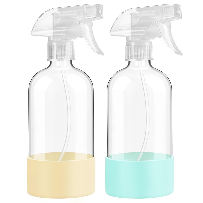 Glass Spray Bottles with Silicone Sleeve Protection, 16 Oz 2 Pack, Reusable Spray Bottles with Adjustable Nozzle for Hair, Cleaning Solutions,