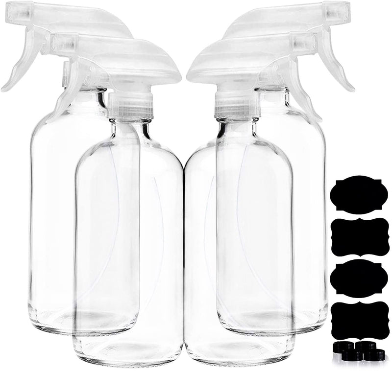 Clear Glass Spray Bottles for Cleaning Solutions (4 Pack) - 16 Ounce, Refillable & Reusable Sprayer for Essential Oil, Water, Kitchen, Hair.