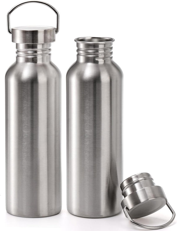 Yopay 2 Pack Stainless Steel Sports Water Bottles, 26OZ Single Walled 18/8 Stainless Steel Water Bottle with Handle, Uninsulate Metal Water Bottle