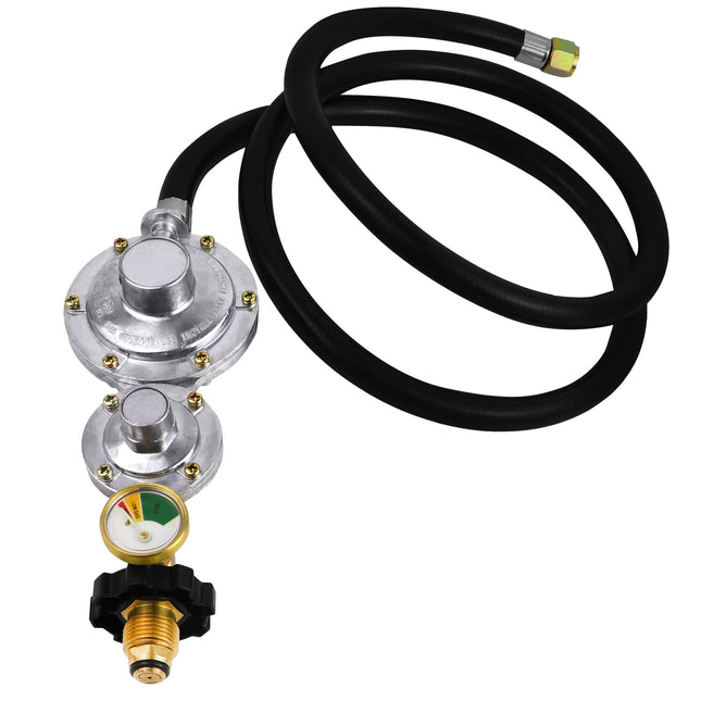 Azdele Upgraded Two Stage Propane Regulator with 5Ft Hose and Gauge, Standard P.O.L Tank Connection, 3/8In Female Flare 