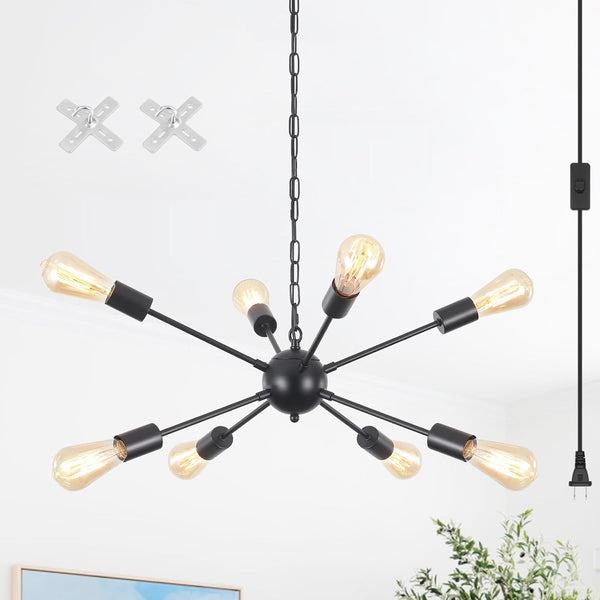 8 Lights Plug in Chandelier Sputnik Ceiling Light Fixture Black Hanging Lights with Plug in Cord 16.4ft Sputnik Chandeliers for Dining Room Living