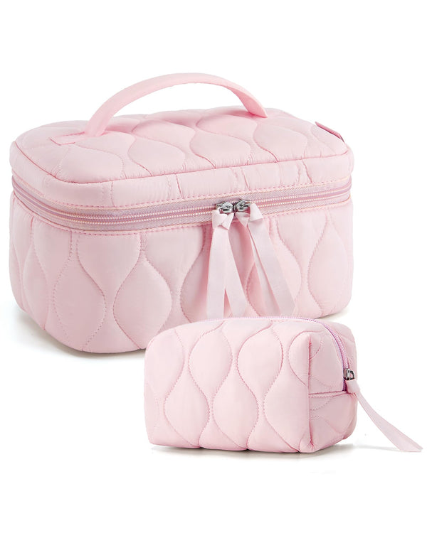 BAGSMART Travel Makeup Bag, 2-Piece Puffy Quilted Cute Make Up Bag Cosmetic Bags for Women, Large Wide-Open Toiletry Pouch Gifts for Toiletries