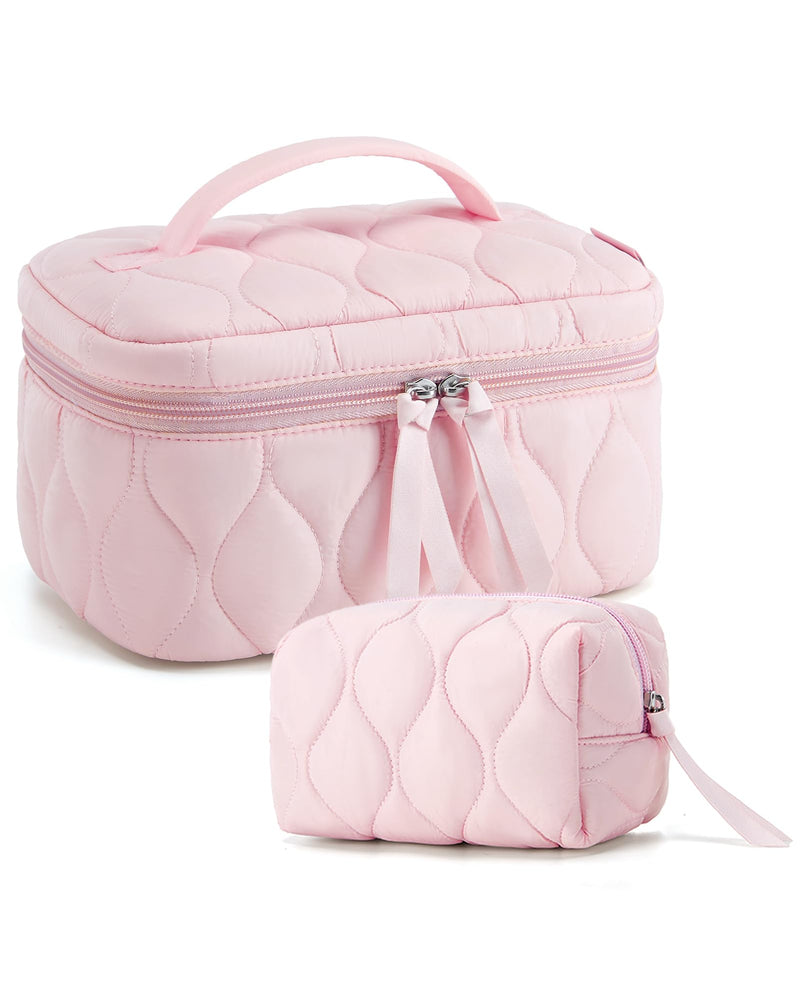 BAGSMART Travel Makeup Bag, 2-Piece Puffy Quilted Cute Make Up Bag Cosmetic Bags for Women, Large Wide-Open Toiletry Pouch Gifts for Toiletries