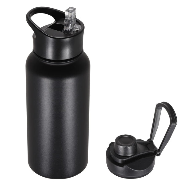 32 Oz Insulated Water Bottle with Straw Lid & Wide Mouth Lids, Stainless Steel Sports Water Bottles, Double Walled Vacuum, Leak Proof, Black
