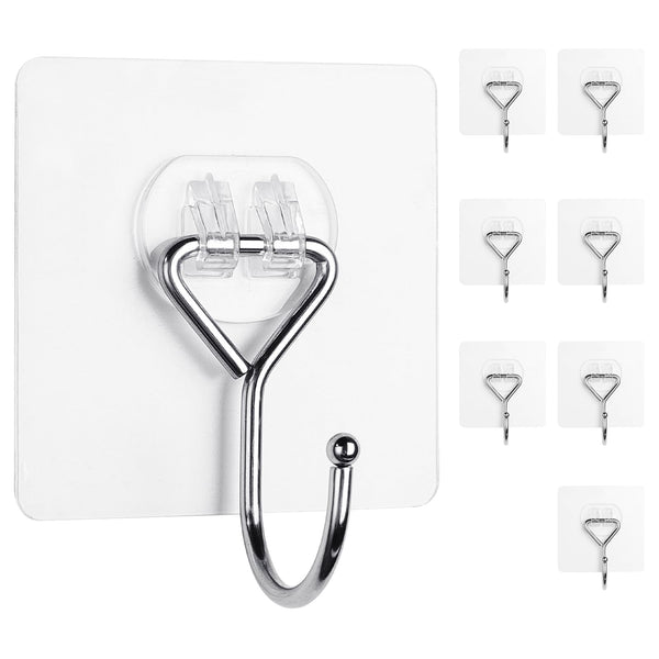 Meknow Large Adhesive Hooks Utility Hooks 8 Pack Waterproof and Rustproof Wall Hooks for Hanging Heavy Duty, Stainless Steel Robe & Towel Hanger