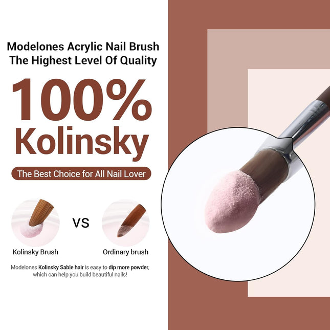 MODELONES Acrylic Nail Brush 100% Pure Kolinsky Hair Bristles Oval Crimped Shaped Sturdy Wooden Handle Acrylic Powder Na