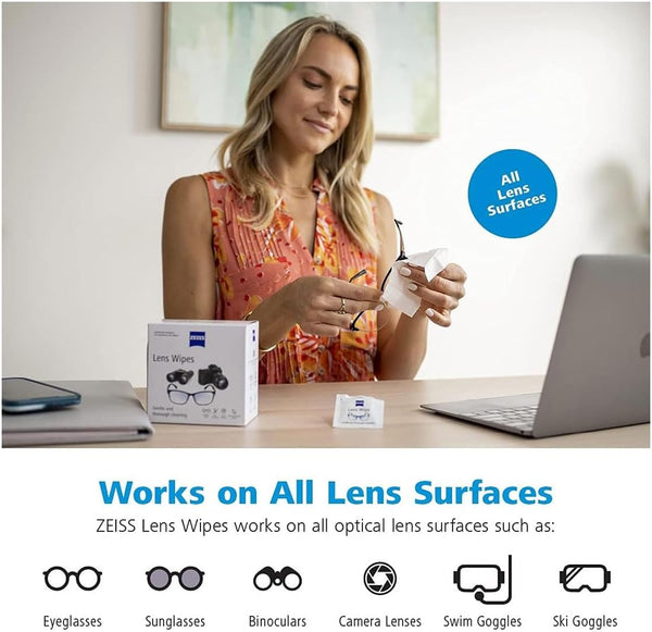 ZEISS Lens Cleaning Wipes, Pre-Moistened, Individually Wrapped Wipes for Coated Glass on Binoculars, Glasses, Sunglasses, Camera Lenses, and
