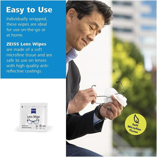 ZEISS Lens Cleaning Wipes, Pre-Moistened, Individually Wrapped Wipes for Coated Glass on Binoculars, Glasses, Sunglasses, Camera Lenses, and