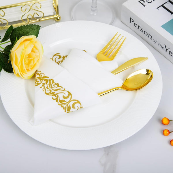 I00000 200 Pack Gold Napkins Disposable Hand Towels, Soft and Absorbent Christmas Bathroom Napkins Disposable, White and Gold for Christmas Party