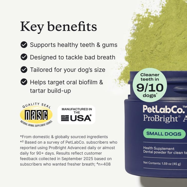 Petlab Co. Probright Advanced Dental Powder - Dog Breath Freshener - Teeth Cleaning Made Easy â Targets Tartar & Bad Breath - Formulated for Small