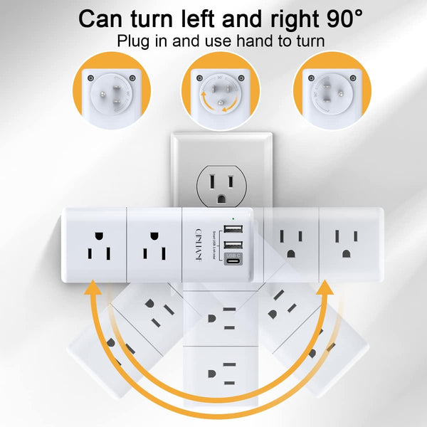 USB Outlet Extender Surge Protector - QINLIANF Rotating Plug, 3-Sided Swivel Power Strip, 6 AC Spaced Outlet Splitter and 3 USB Ports (1 USB C)