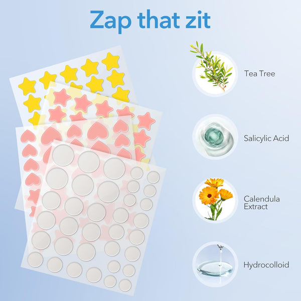 Pimple Patches for Face, Acne Patches Hydrocolloid, Cute Star Zit Covers for Face, Spot Stickers with Tea Tree, Salicylic Acid & Cica Oil|