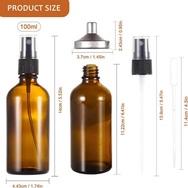 3.4Oz Amber Glass Spray Bottles,Empty Fine Mist Refillable Travel Spray Bottle for Cleaning,Perfume,Aromatherapy,Cosmetic Sprays,Hair,Essential