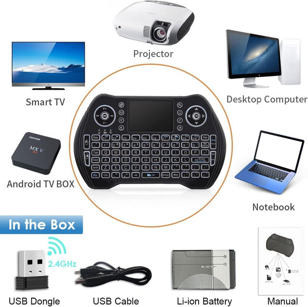 BL Mini Wireless Keyboard Remote Control with Touchpad Mouse Combo, Backlit 2.4Ghz Mini Keyboard Wireless USB Dongle Rechargeable Li-Ion Battery