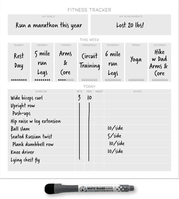Dry Erase Whiteboard Fitness Tracker | Removeable and Restickable Adhesive Decal | Fine-Tip Magnetic Marker Included | 12" X 12" (White)