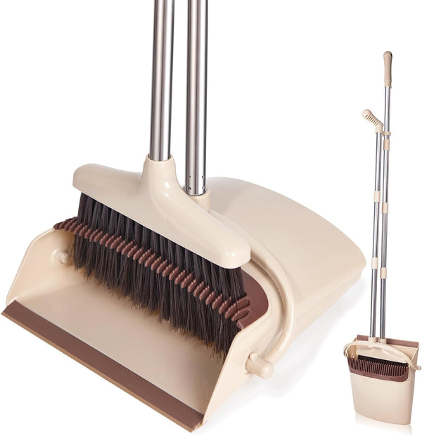 Broom and Dustpan Set with Long Handle, Light Weight Stainless Steel Poles Stand Upright Dustpans with Broom Combo for Home Kitchen Office Pet Dog