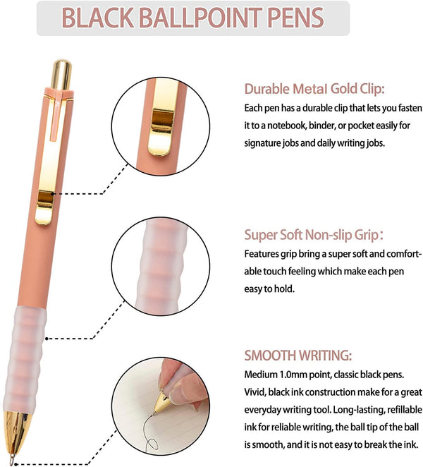 Linbsunne Ballpoint Pens Black Medium Point 1Mm Pen with Super Soft Grip Ball Point Pen for Men Women Retractable Pens (Gold-12 Pcs)