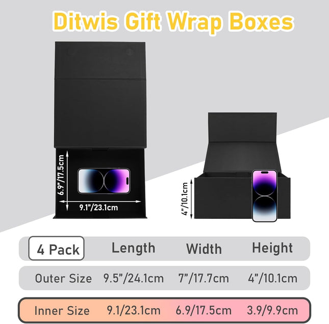 Ditwis 4 Pack 9.5X7X4 Inches Gift Boxes with Magnetic Closure Lids, Black Magnetic Box for Wedding, Groomsmen Bridesmaid