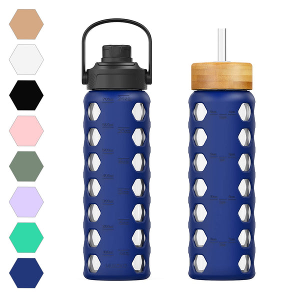 MUKOKO 24Oz Glass Water Bottle with 2 Lids-Handle Flip Lid&Bamboo Straw Lid,Motivational Water Tumbler with Time Marker Reminder and Silicone