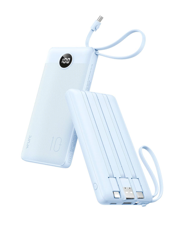 VRURC 10000Mah Power Bank Built-In Cables, Portable Charger with LED Display, Slim Travel Battery Pack with Cords, 5 Output Dual Input Phone