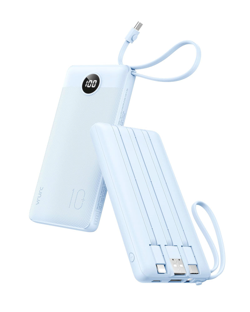 VRURC 10000Mah Power Bank Built-In Cables, Portable Charger with LED Display, Slim Travel Battery Pack with Cords, 5 Output Dual Input Phone