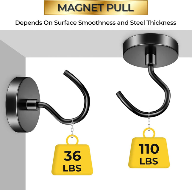 VNDUEEY 4 Pack 110 Lbs Magnetic Hooks Heavy Duty Neodymium Magnet Hook, Strong Magnetic Hooks for Hanging, Rust Proof Ma