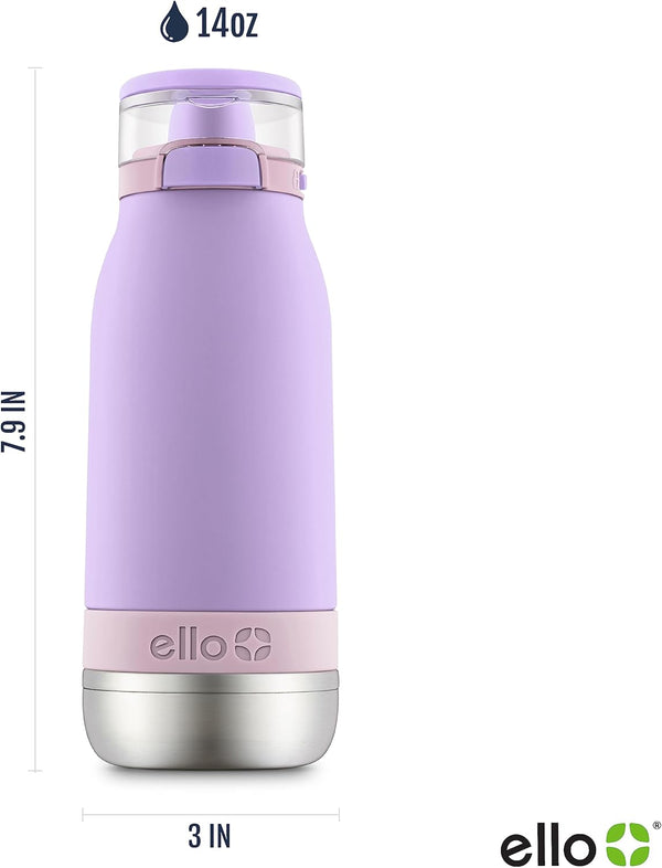 Ello Emma 14Oz Vacuum Insulated Stainless Steel Kids Water Bottle with Straw and Built-In Carrying Handle and Leak-Proof Locking Lid for School