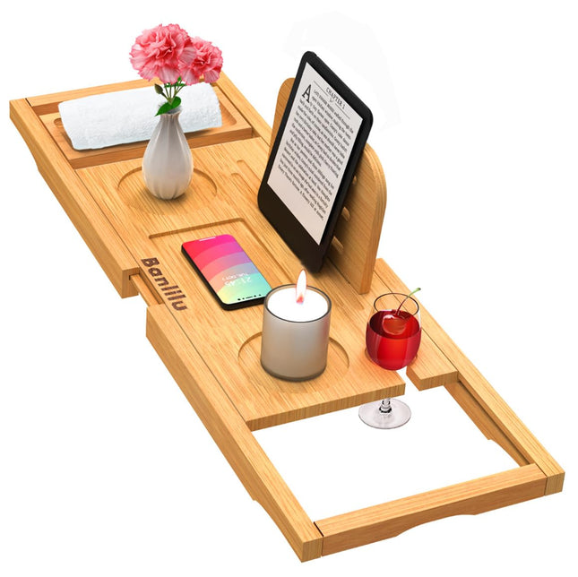Premium Bamboo Bathtub Tray Caddy - Bath Tub Tray Table for Bathtub - Bath Caddy Tray for Bathtub, Expandable Size, Fits