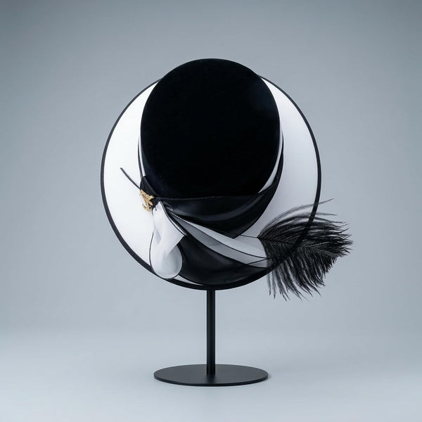 June'S Young Women Church Hats Formal Dress Derby Hats with Feather Elegant Bucket Hats (Black/White)