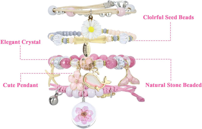 4 Pcs Beaded Cute Bracelets for Teen Girls Women, Dainty Cute Cartoon Crystal Beads Pearl Stretch Charm Handmade Adjusta