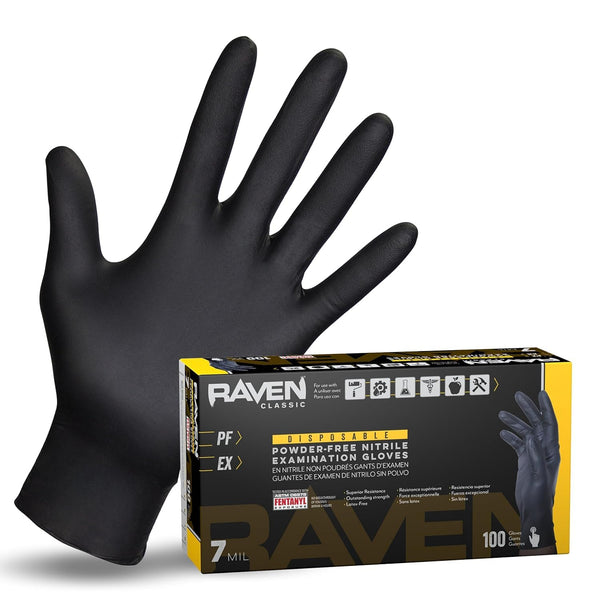 Raven Powder Free Nitrile Disposable Gloves 7 Mil - XL Latex Free, Chemical + Puncture Resistant, Textured Grip, Single Use for Automotive,