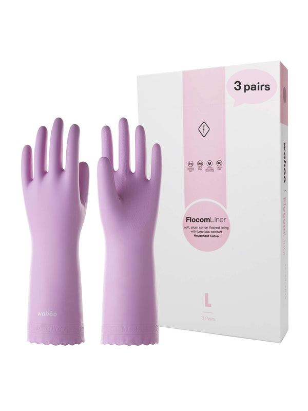 LANON 3 Pairs Wahoo Skin-Friendly Cleaning Gloves, Dishwashing Kitchen Gloves with Cotton Flocked Liner, Reusable, Non-Slip, Mauve Mist, Medium