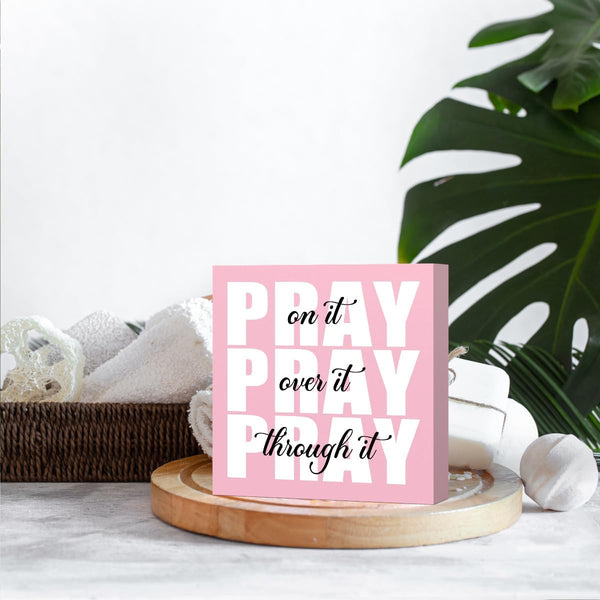 Pink Office Desk Accessories Decor Sign, Dorm Room and Bathroom Decor for Women, Inspirational Christian Gifts for Boss, Pray on It Wooden Sign