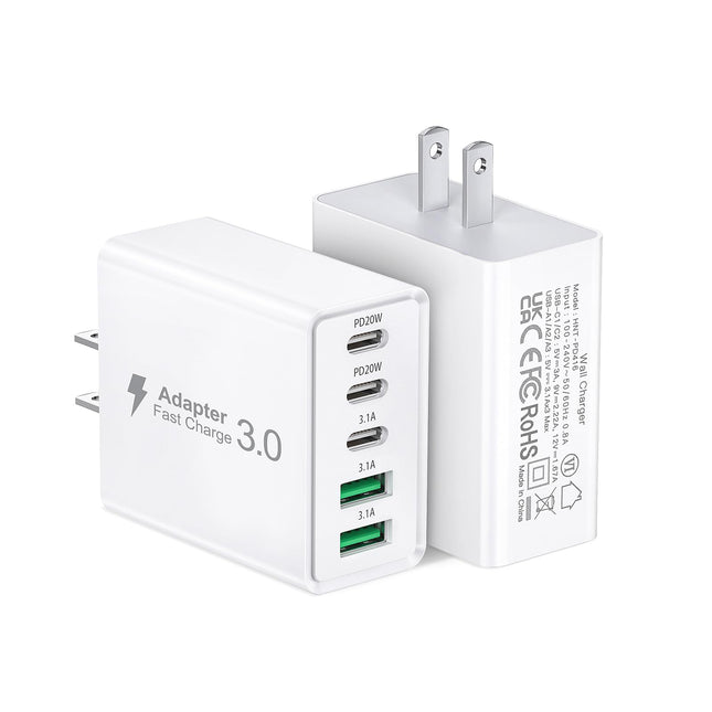 2Pack USB C Fast Charger Block,50W 5-Port USB C Wall Charger Brick,2 USB a & 3 USB C PD3.0 Power Adapter Multiport Type 