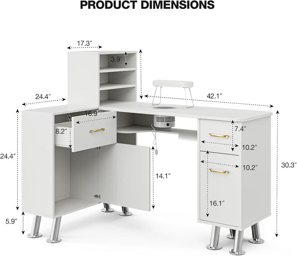 Paddie L-Shaped Manicure Table Nail Station with Shelves, Nail Tech Table Nail Table Station W/Dust Collector, Storage Cabinets, Drawers, Metal