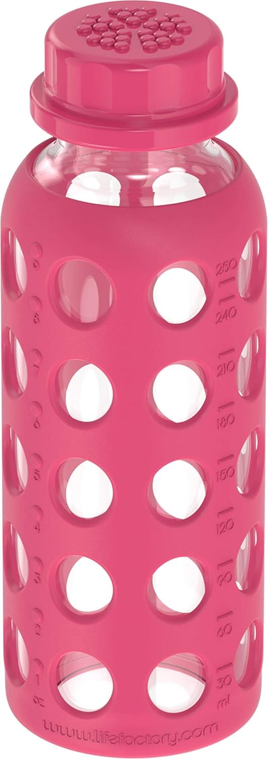 Lifefactory 9-Ounce Bpa-Free Glass Water Bottle with Flat Cap and Silicone Sleeve, Raspberry