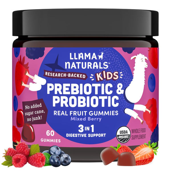 Llama Naturals Kids Probiotic with Prebiotic Fiber, Vegan, Organic Prebiotics and Probiotics Gummies for Gut Health Support, Toddler Real Fruit