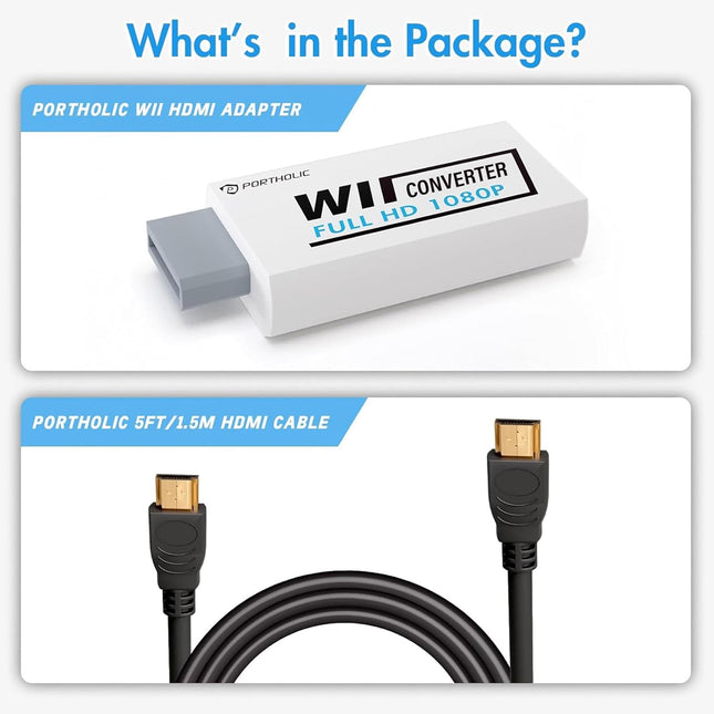 PORTHOLIC Wii to HDMI Converter 1080P with 5FT/1.5M High Speed HDMI Cable Wii2 HDMI Adapter Video&Audio with 3.5Mm Jack 