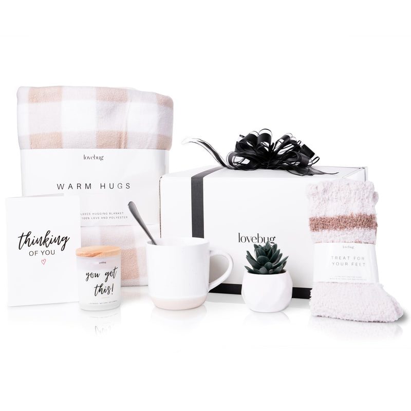 Lovebug Get Well Soon Gift Basket for Women â after Surgery Gifts, Feel Better Care Package with Blanket, Candle, Socks, Mug, Spoon, Succulent â