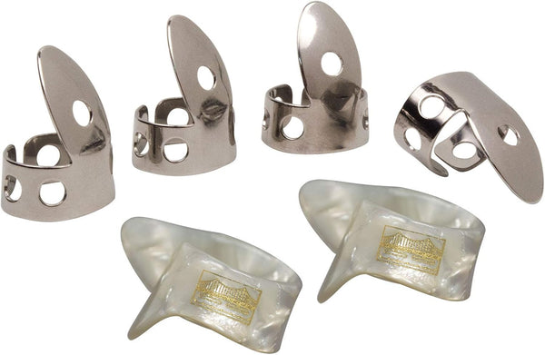 Golden Gate Guitar Picks - Large/Extra Thick Stainless Steel & Pearloid Finger & Thumb Picks - Set of 6 for Guitar, Banjo, Resonator Guitar