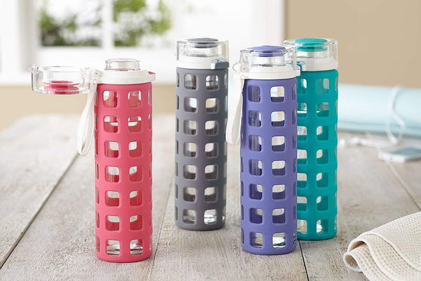 Ello Syndicate 20Oz Reusable Glass Water Bottle with One-Touch Leak Proof Flip Lid and Protective Non-Slip Silicone Sleeve and Carry Loop for