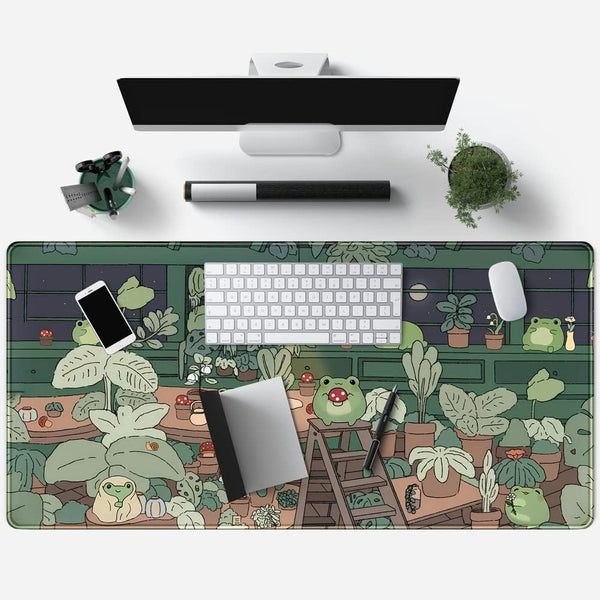 Cute Frog Kawaii Green Desk Decor Mat, Large Gaming Mouse Pad for Computer Keyboard Laptop, Home Office Accessories for Girl (31.5X15.7 In)-With