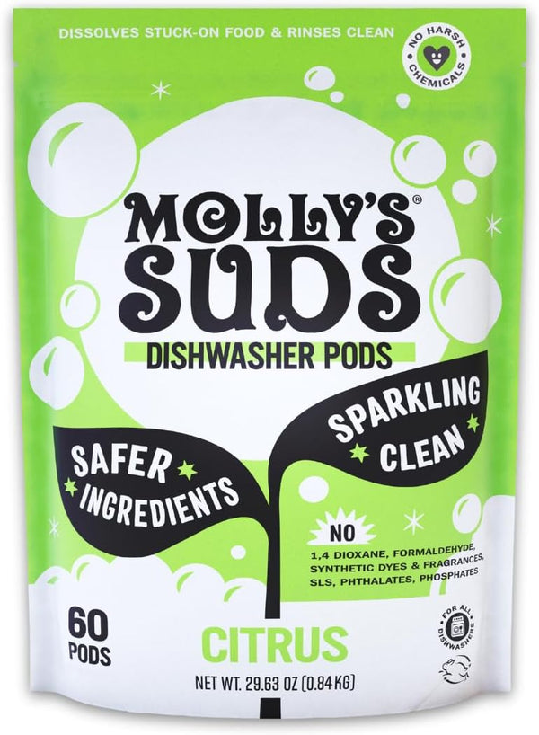 Molly'S Suds Dishwasher Pods | Clean Dishwasher Detergent, Cuts Grease & Rinses Clean (Residue-Free) for Sparkling Dishes | 60 Auto-Release Tabs